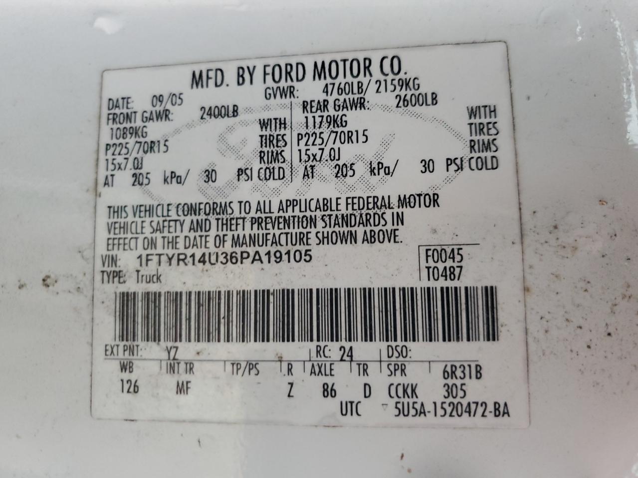 2006 Ford Ranger Super Cab VIN: 1FTYR14U36PA19105 Lot: 68323204