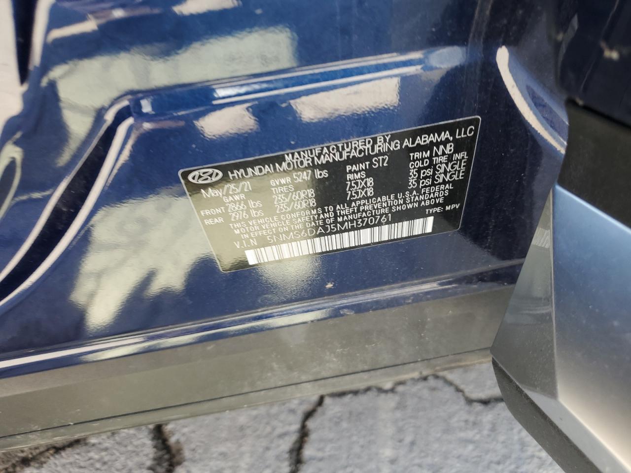 2021 Hyundai Santa Fe Sel VIN: 5NMS6DAJ5MH370761 Lot: 65247054