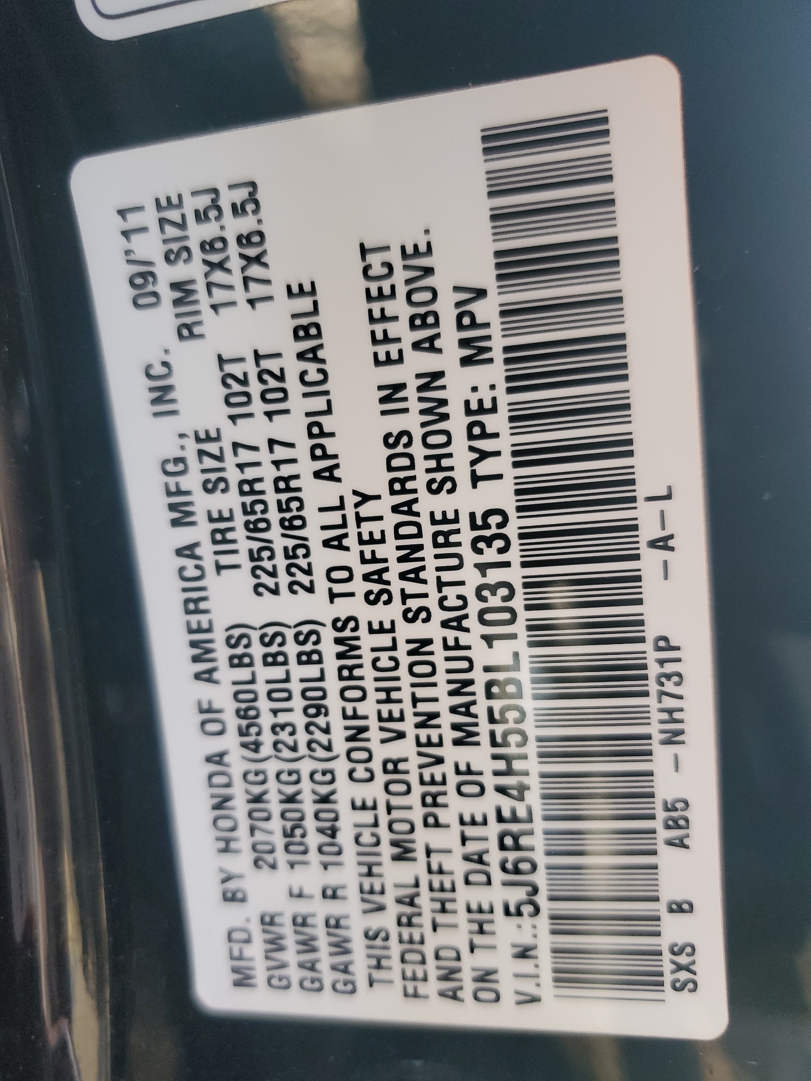 5J6RE4H55BL103135 2011 Honda Cr-V Ex