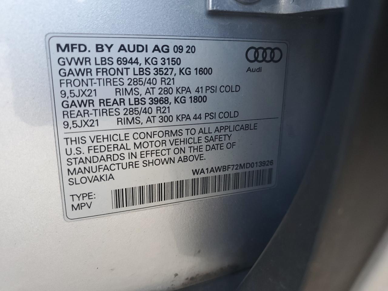 2021 Audi Sq7 Premium Plus VIN: WA1AWBF72MD013926 Lot: 67140474