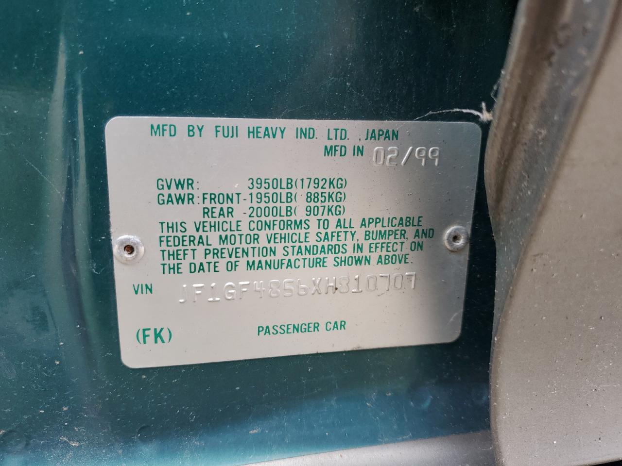 1999 Subaru Impreza Outback Sport VIN: JF1GF4856XH810707 Lot: 65744514
