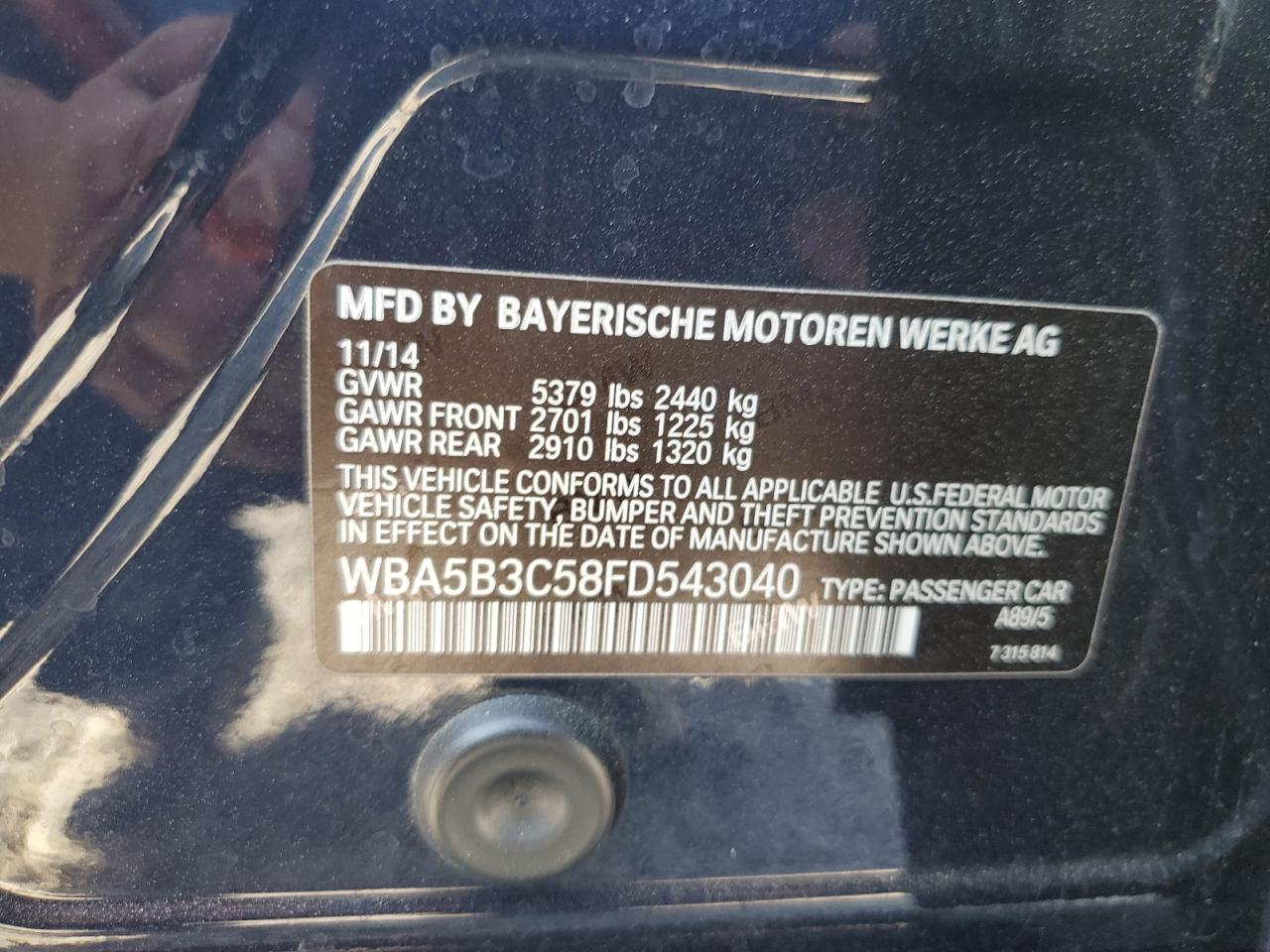 2015 BMW 535 Xi VIN: WBA5B3C58FD543040 Lot: 69459244