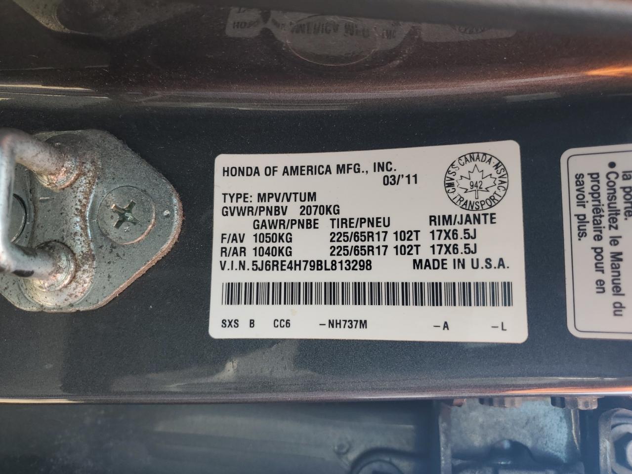 2011 Honda Cr-V Exl VIN: 5J6RE4H79BL813298 Lot: 67043824