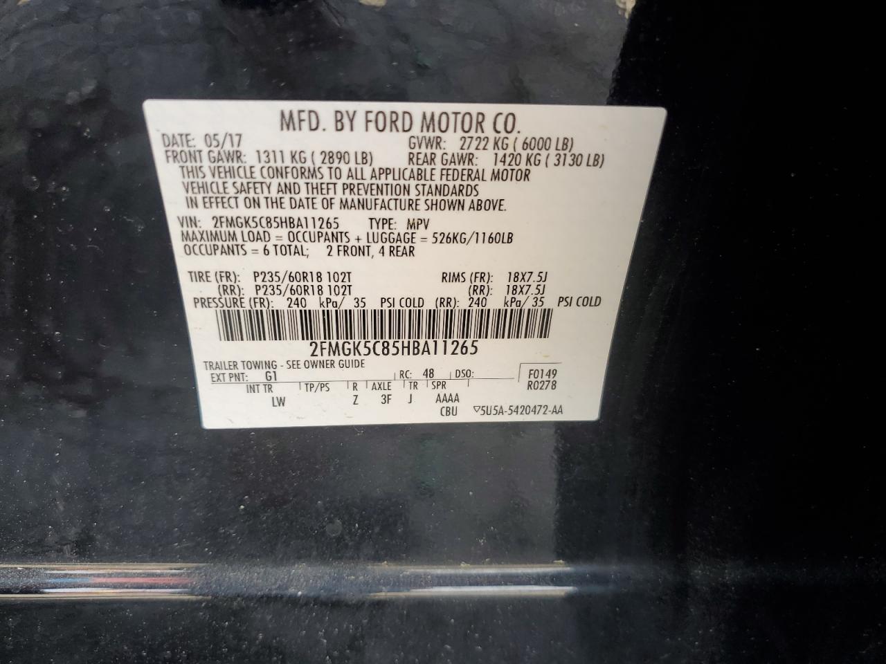 2017 Ford Flex Sel VIN: 2FMGK5C85HBA11265 Lot: 64882784