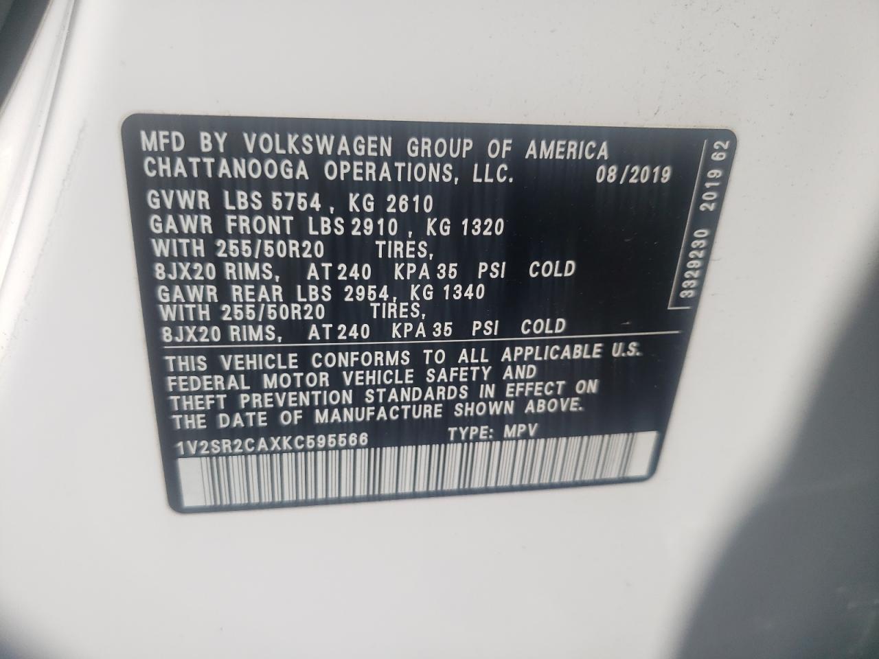 1V2SR2CAXKC595566 2019 Volkswagen Atlas Sel