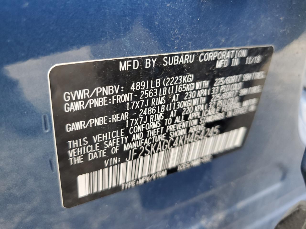 2019 Subaru Forester Premium VIN: JF2SKAGC4KH464245 Lot: 66328814