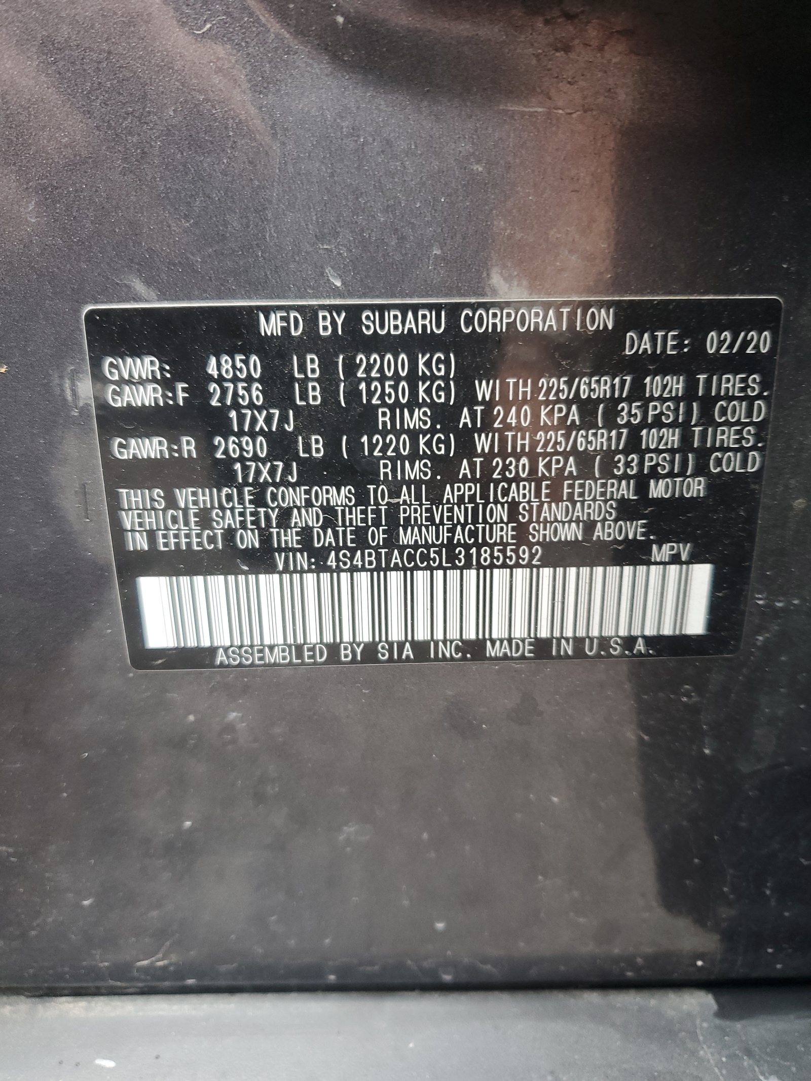 4S4BTACC5L3185592 2020 Subaru Outback Premium