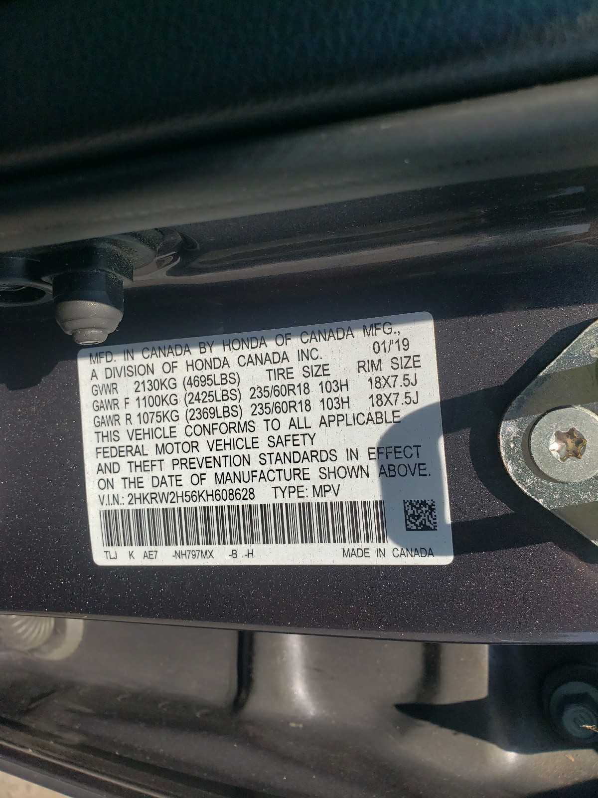 2HKRW2H56KH608628 2019 Honda Cr-V Ex