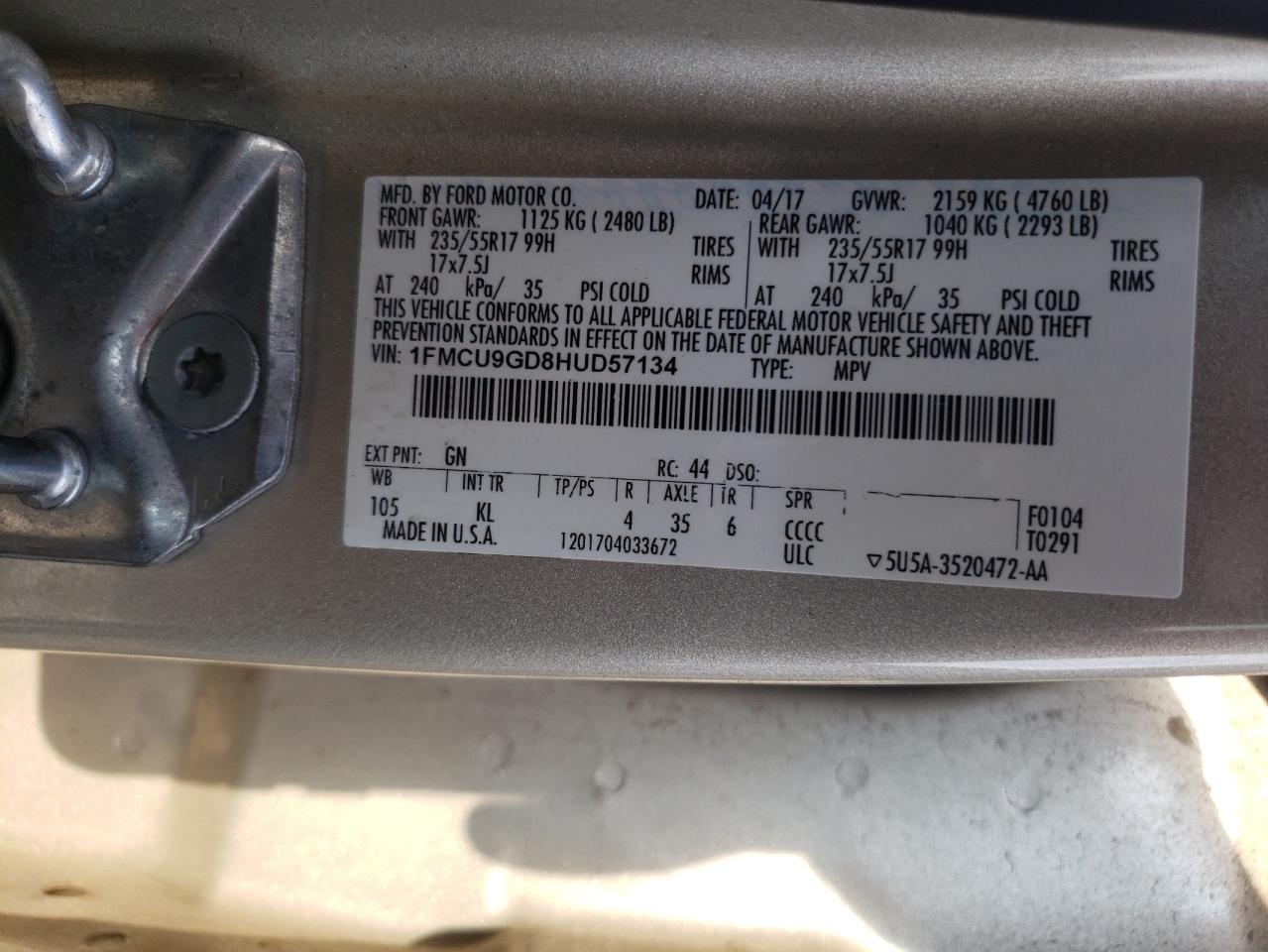 2017 Ford Escape Se VIN: 1FMCU9GD8HUD57134 Lot: 65725054