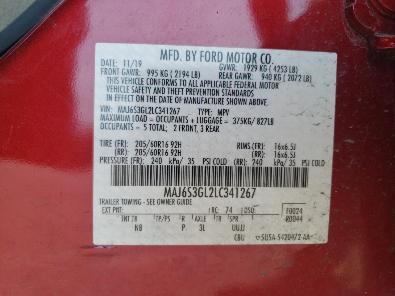 MAJ6S3GL2LC341267 2020 Ford Ecosport Se