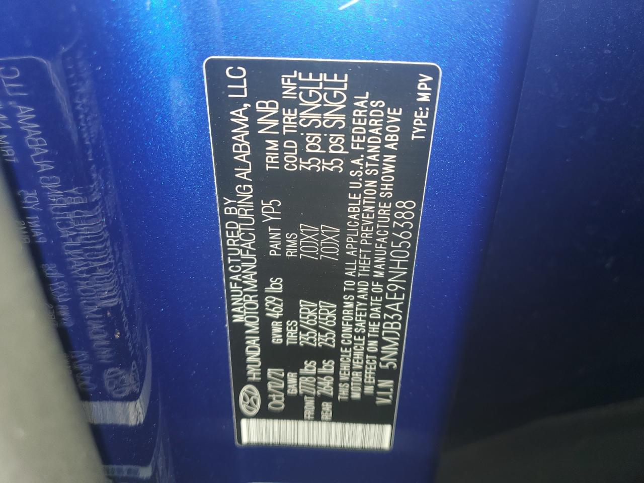 2022 Hyundai Tucson Sel VIN: 5NMJB3AE9NH056388 Lot: 69759704