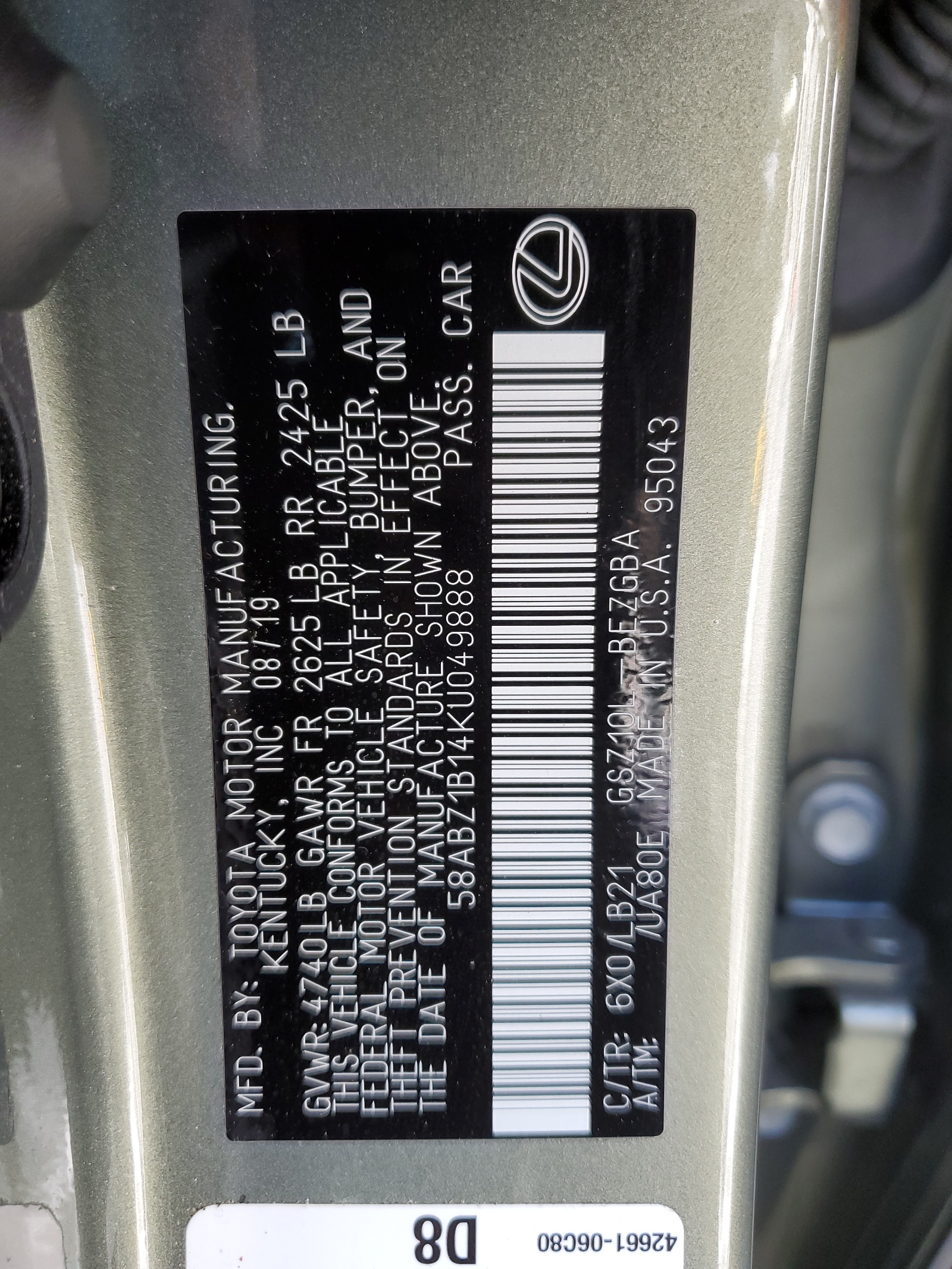 58ABZ1B14KU049888 2019 Lexus Es 350