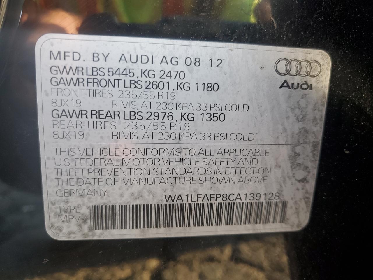 2012 Audi Q5 Premium Plus VIN: WA1LFAFP8CA139128 Lot: 68057734