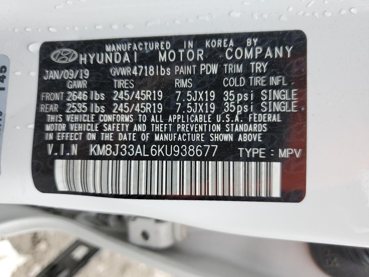 KM8J33AL6KU938677 2019 Hyundai Tucson Limited