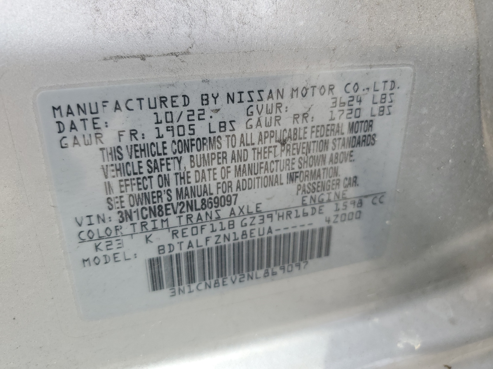 3N1CN8EV2NL869097 2022 Nissan Versa Sv