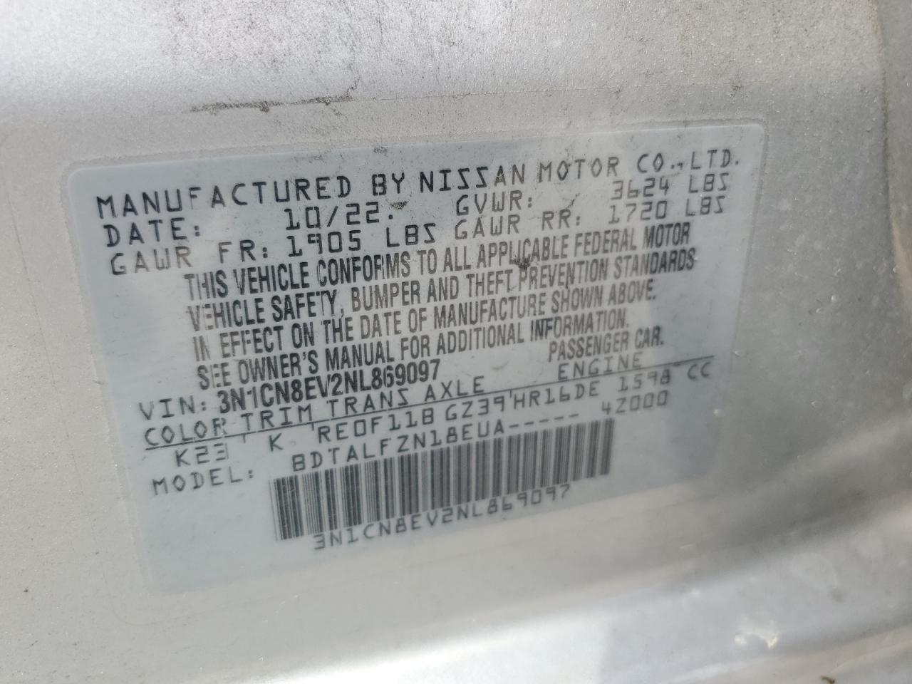 2022 Nissan Versa Sv VIN: 3N1CN8EV2NL869097 Lot: 64823604