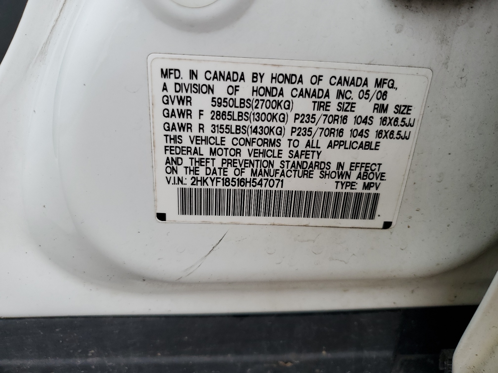 2HKYF18516H547071 2006 Honda Pilot Ex