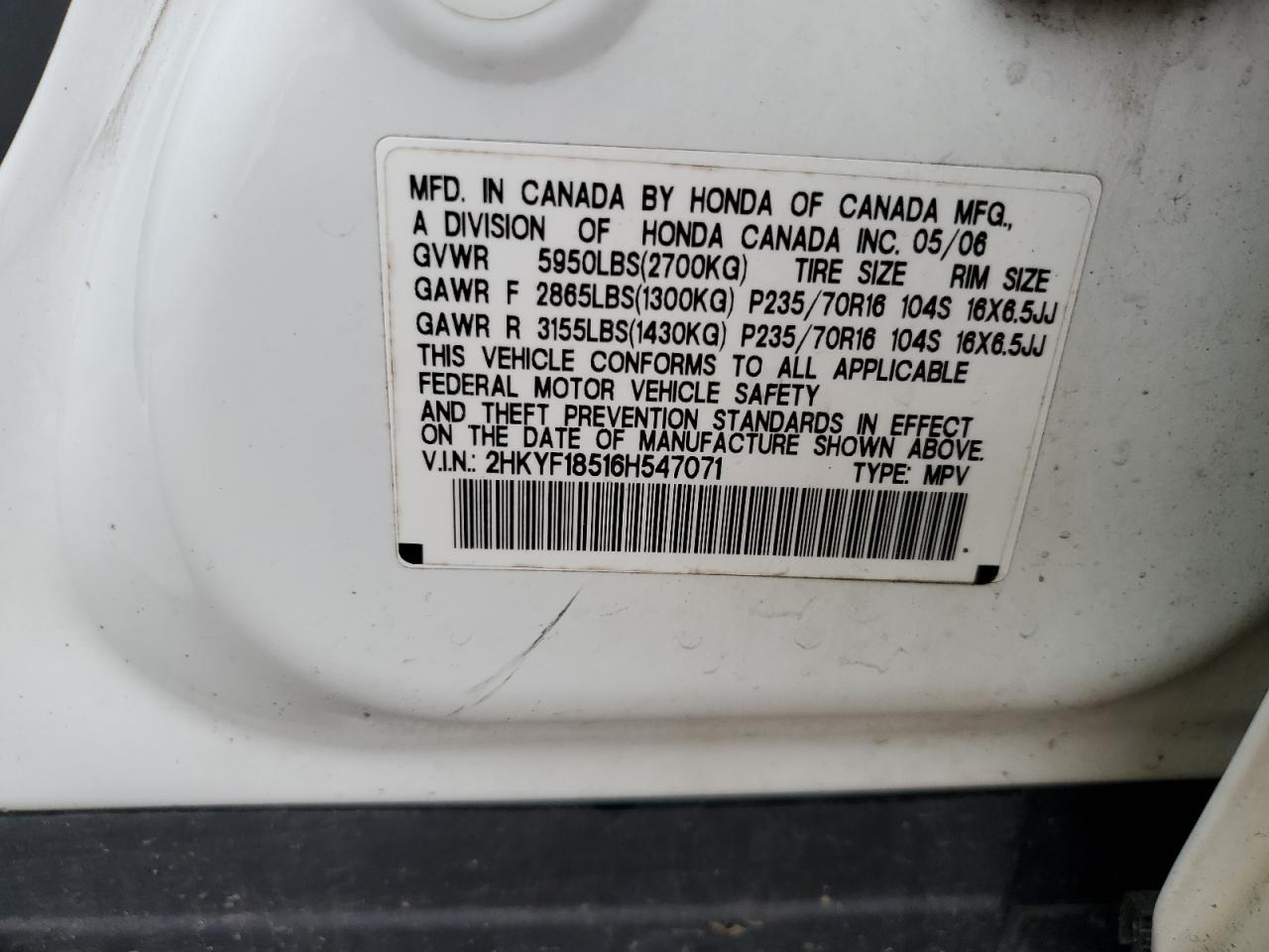 2006 Honda Pilot Ex VIN: 2HKYF18516H547071 Lot: 65980874