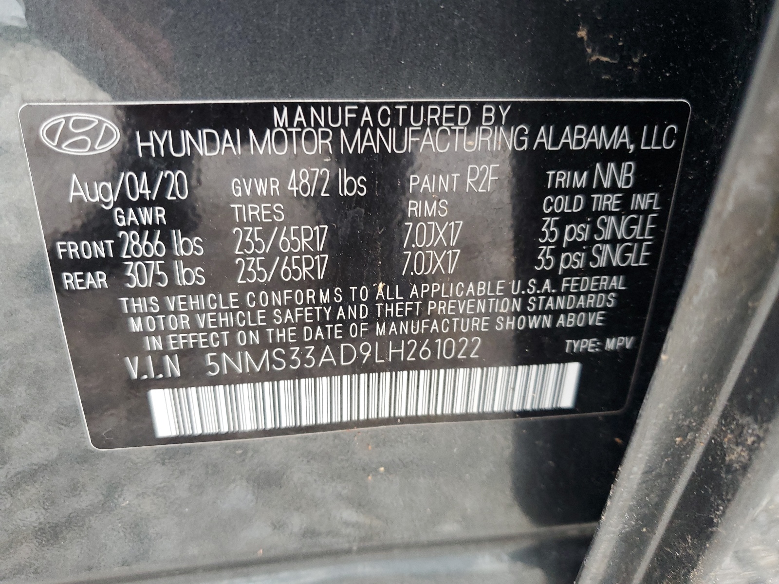 5NMS33AD9LH261022 2020 Hyundai Santa Fe Sel