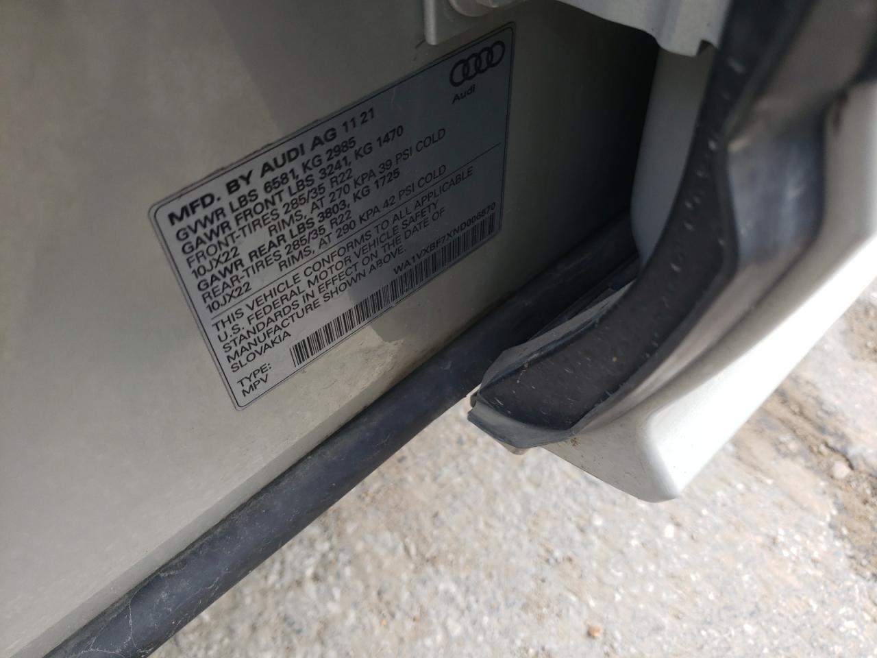 2022 Audi Q7 Prestige VIN: WA1VXBF7XND006870 Lot: 65258224