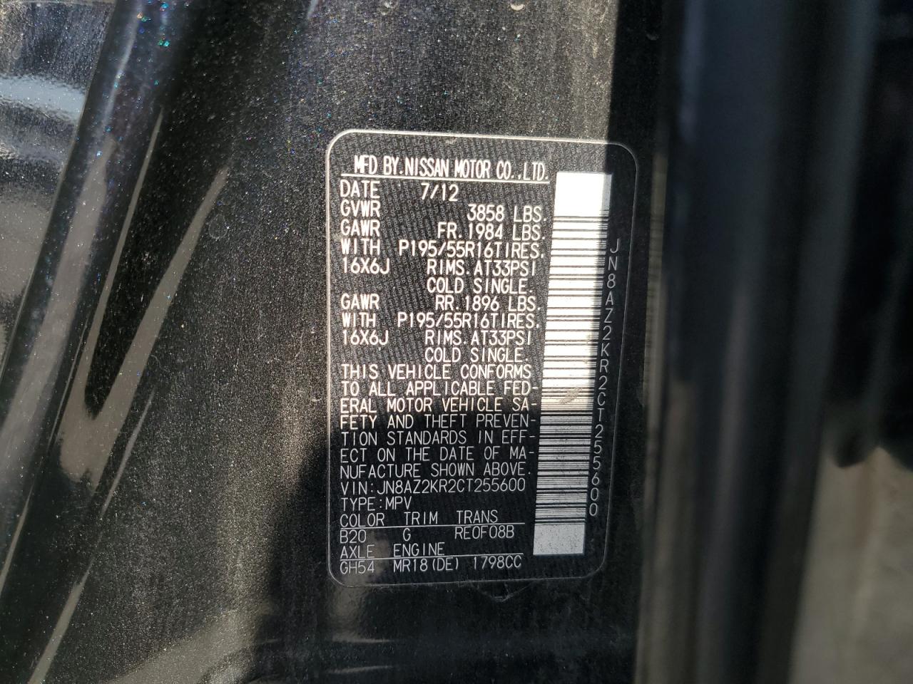 2012 Nissan Cube Base VIN: JN8AZ2KR2CT255600 Lot: 66431254