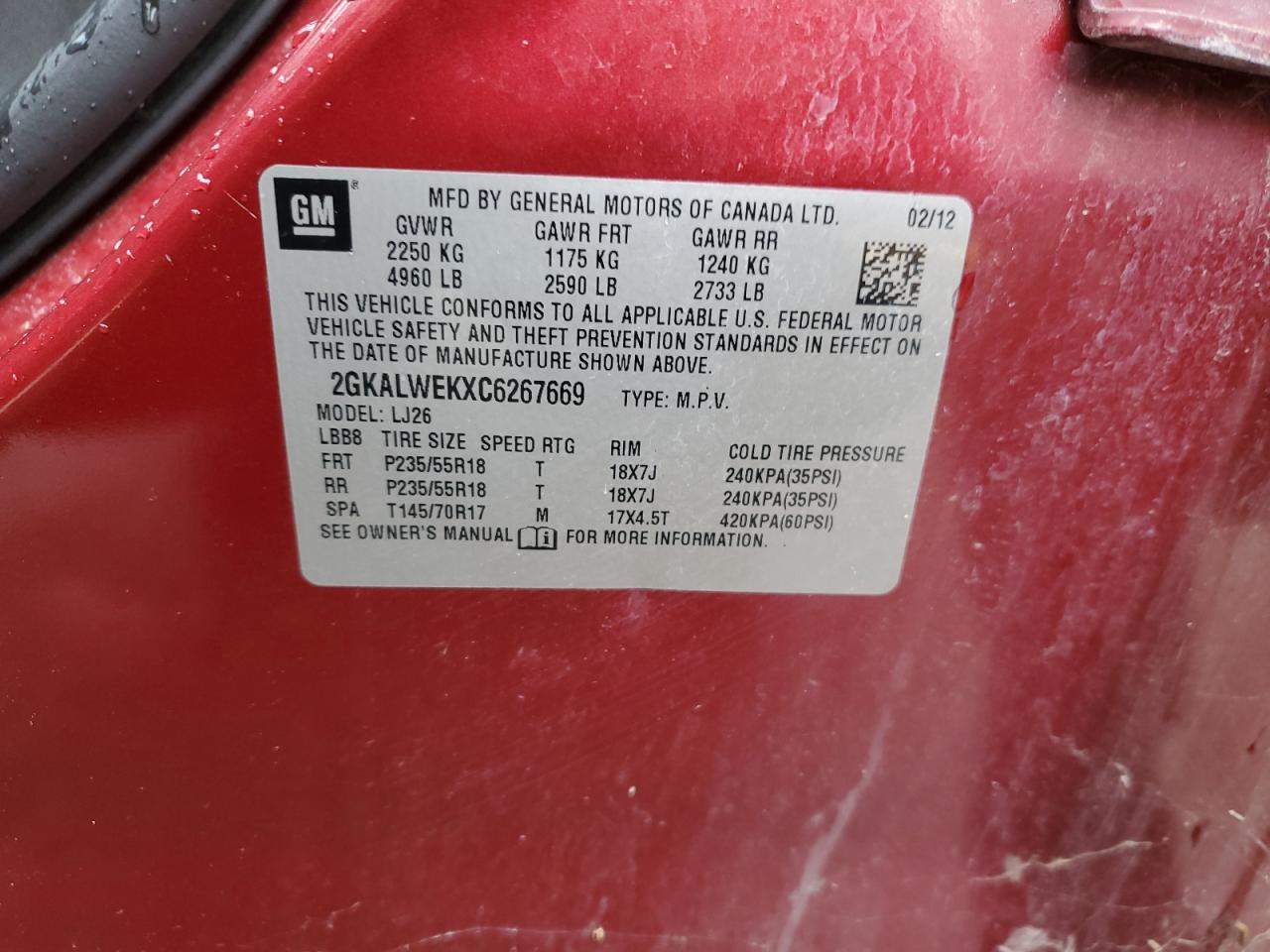 2012 GMC Terrain Slt VIN: 2GKALWEKXC6267669 Lot: 67516144