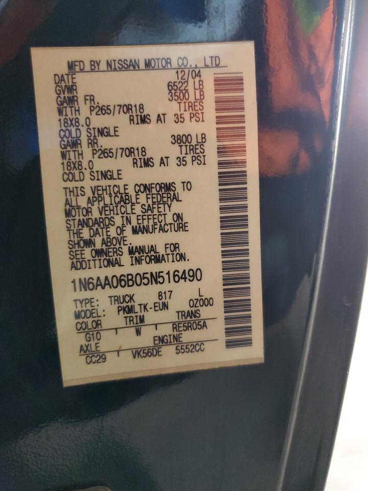 2005 Nissan Titan Xe VIN: 1N6AA06B05N516490 Lot: 67399984