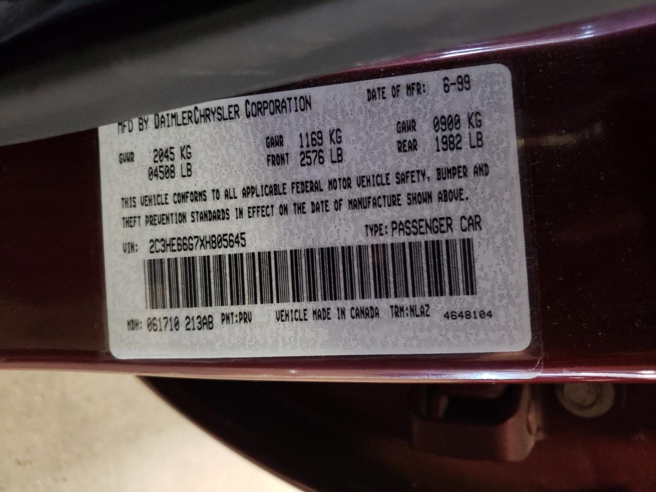 1999 Chrysler 300M VIN: 2C3HE66G7XH805645 Lot: 66769774