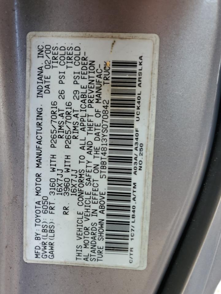 2000 Toyota Tundra Access Cab Limited VIN: 5TBBT4813YS070842 Lot: 67501294