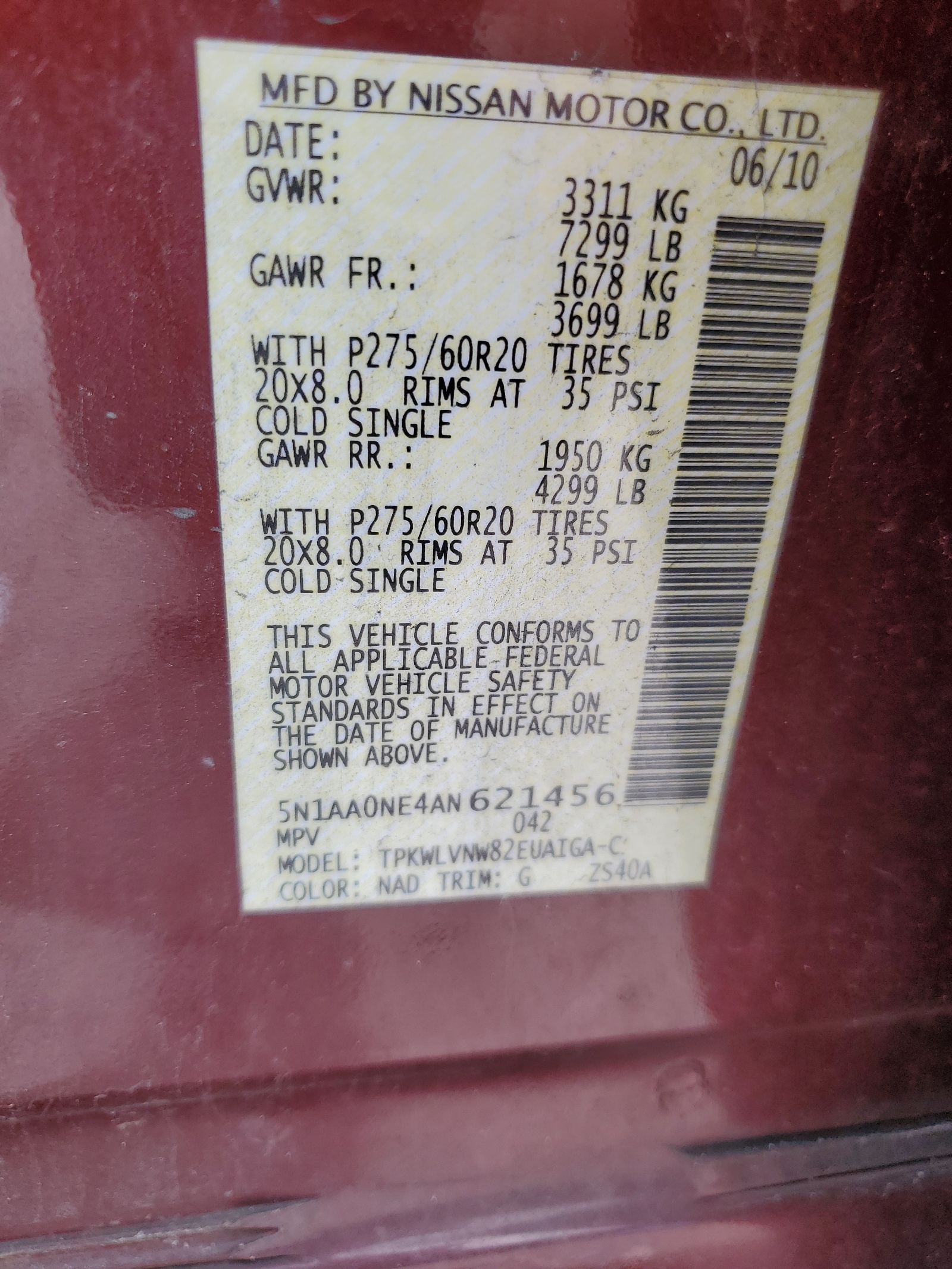 5N1AA0NE4AN621456 2010 Nissan Armada Platinum