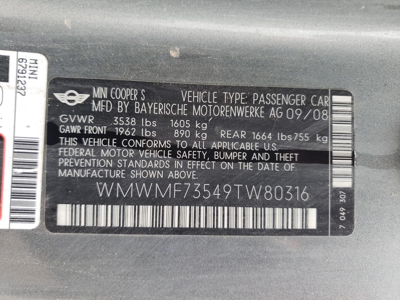 2009 Mini Cooper S VIN: WMWMF73549TW80316 Lot: 66342174