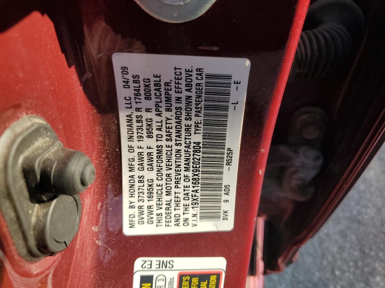 2009 Honda Civic Ex VIN: 19XFA168X9E027804 Lot: 66136294