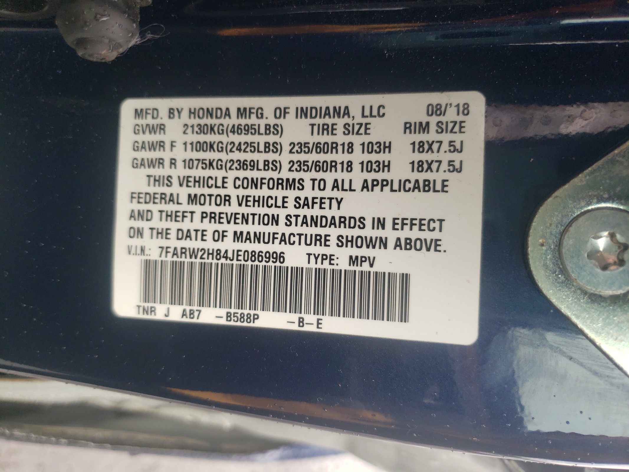 7FARW2H84JE086996 2018 Honda Cr-V Exl