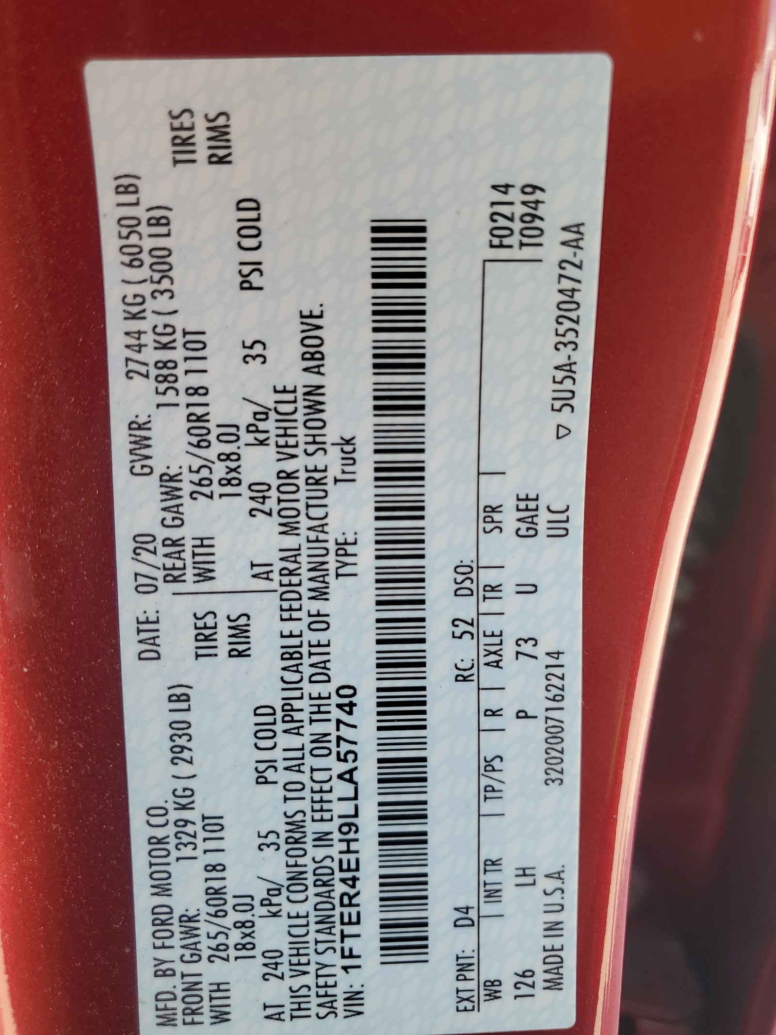 1FTER4EH9LLA57740 2020 Ford Ranger Xl