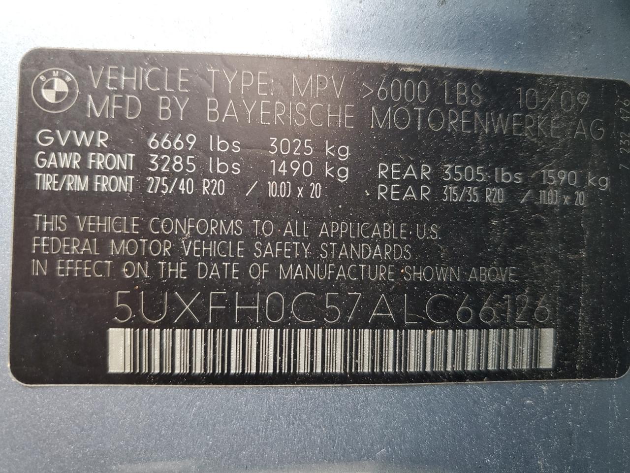 2010 BMW X6 Hybrid VIN: 5UXFH0C57ALC66126 Lot: 66391674