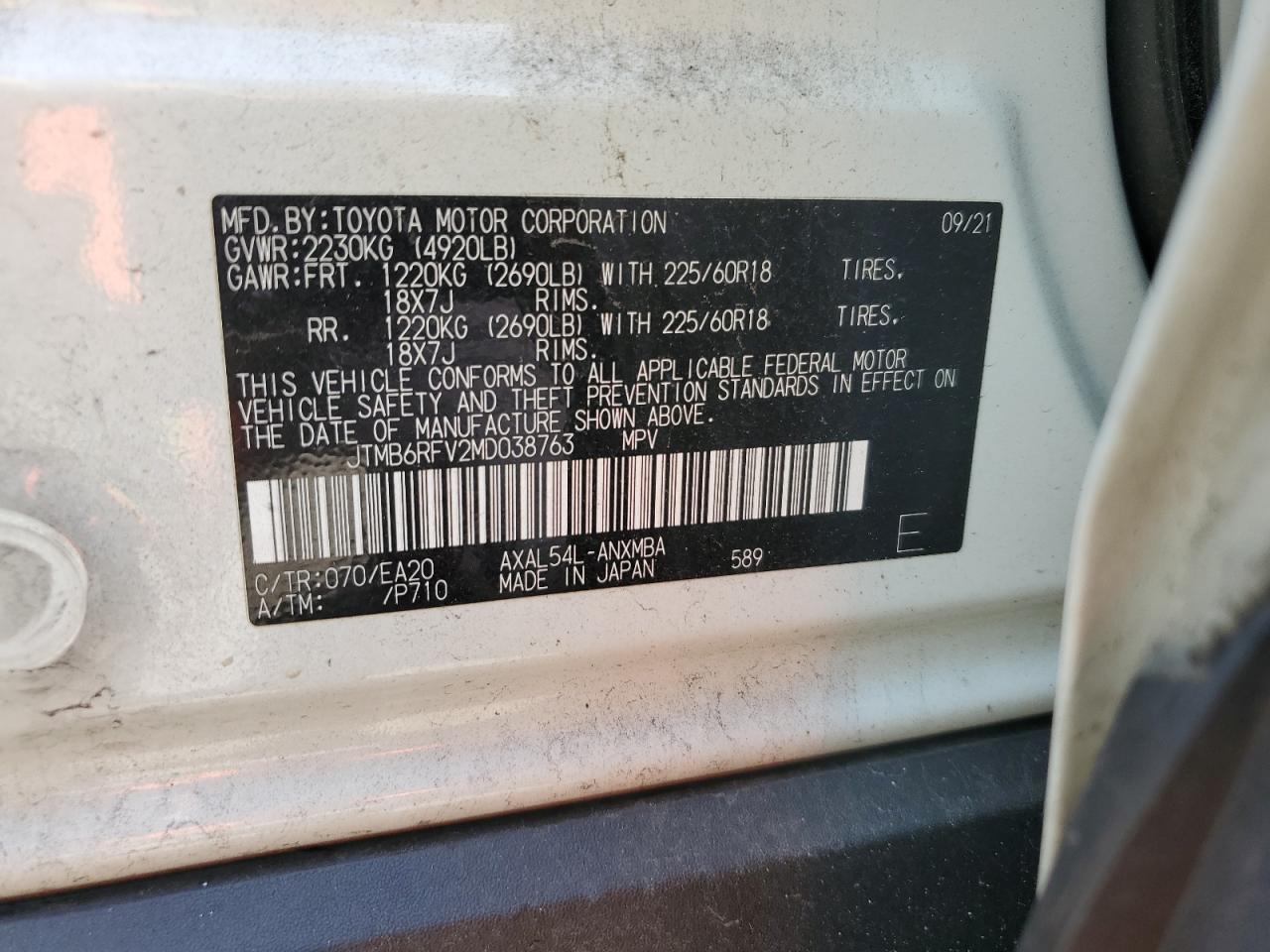 2021 Toyota Rav4 Xle Premium VIN: JTMB6RFV2MD038763 Lot: 66034134