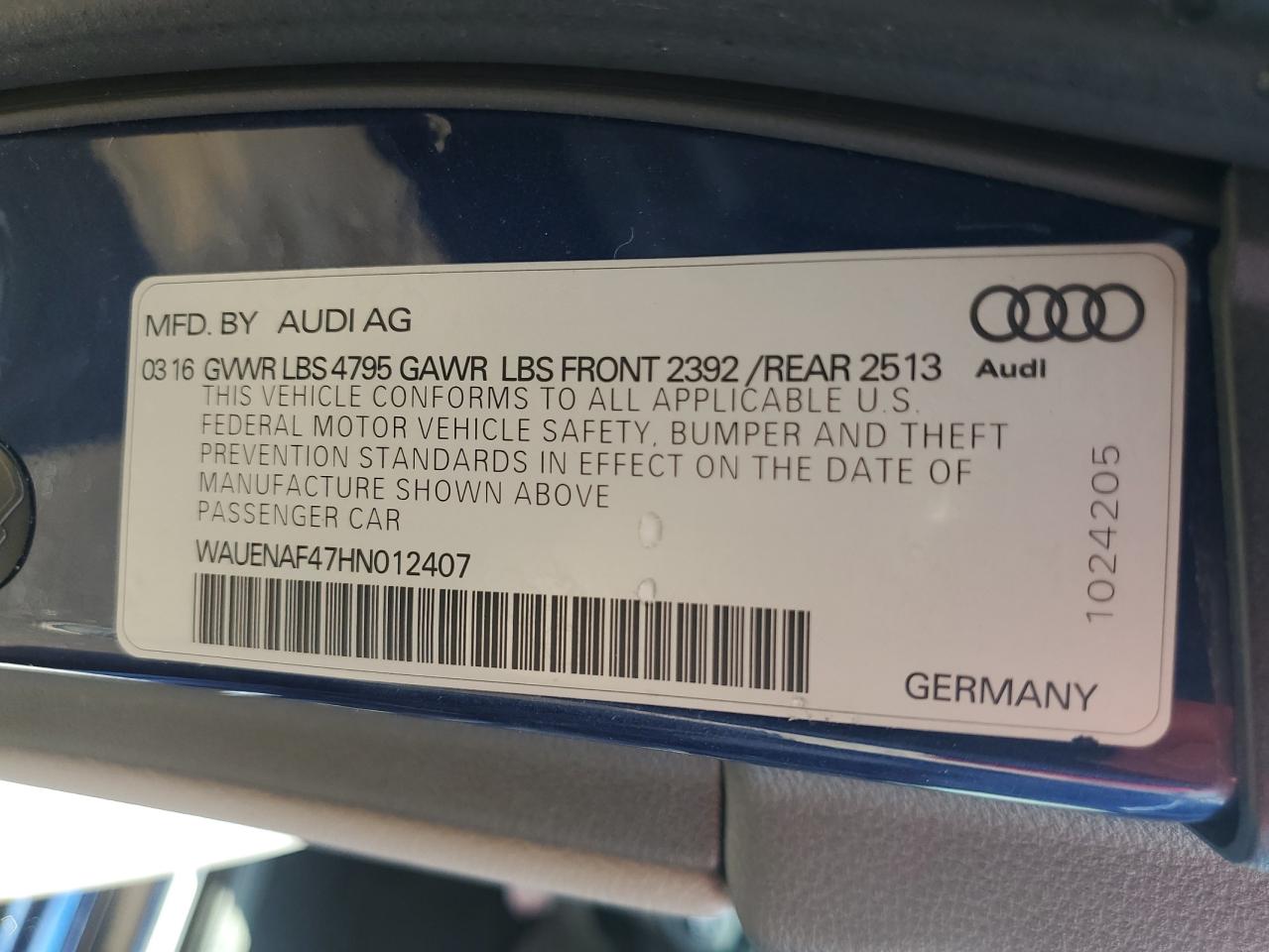 2017 Audi A4 Premium Plus VIN: WAUENAF47HN012407 Lot: 66621894