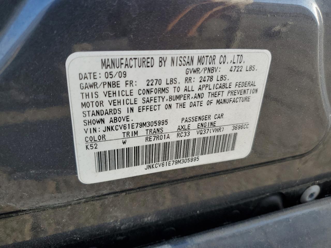 JNKCV61E79M305995 2009 Infiniti G37 Base