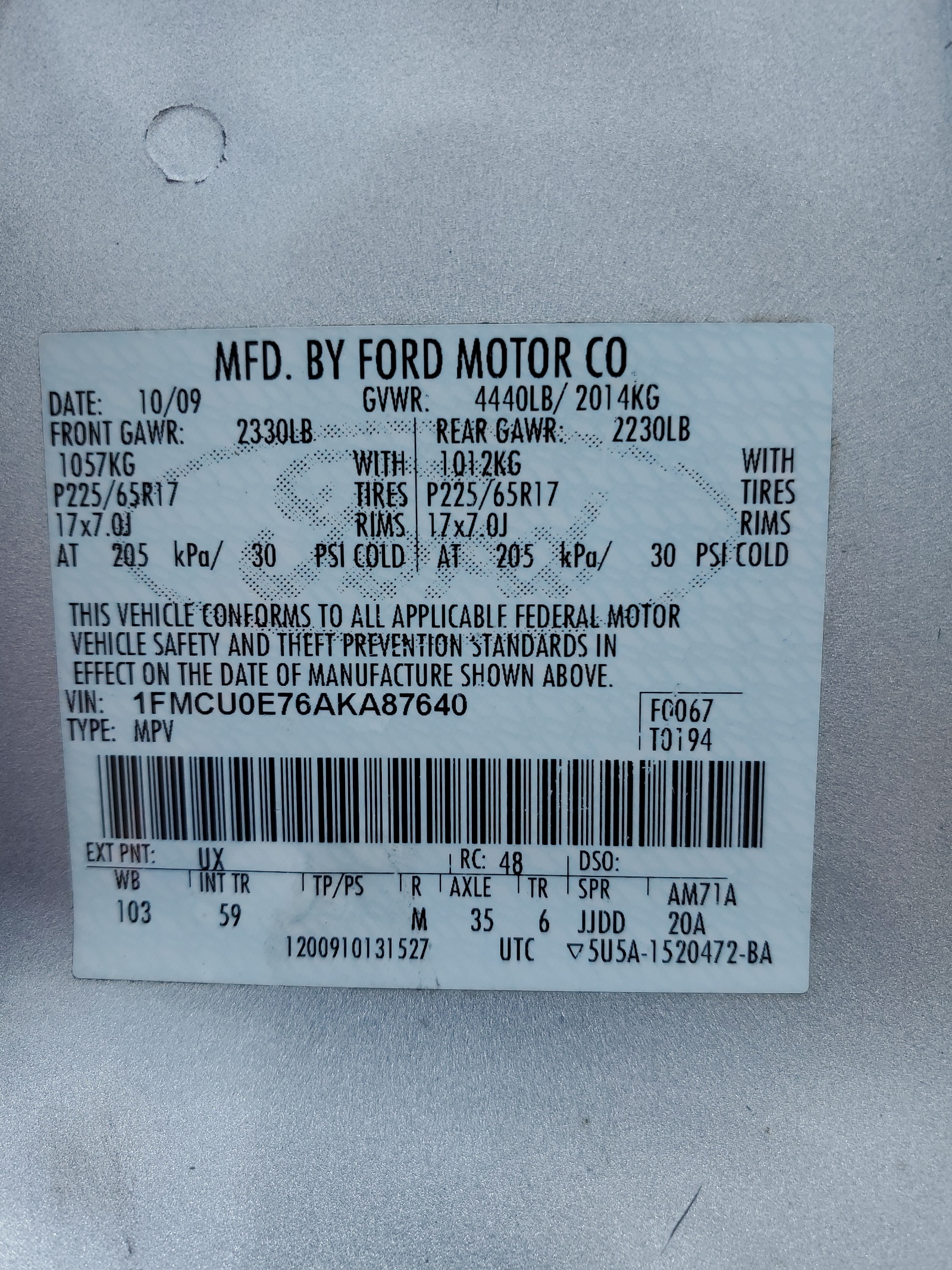 1FMCU0E76AKA87640 2010 Ford Escape Limited