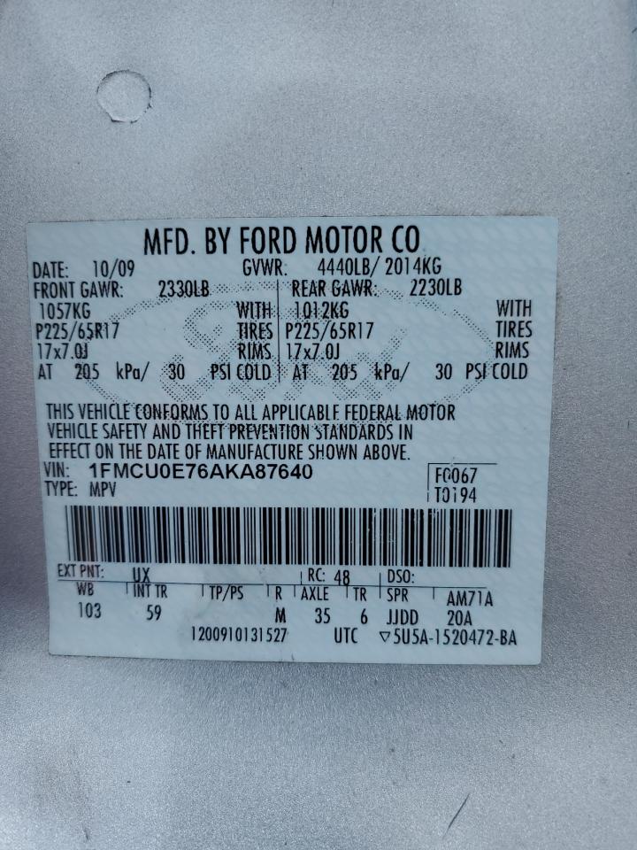 2010 Ford Escape Limited VIN: 1FMCU0E76AKA87640 Lot: 65838914