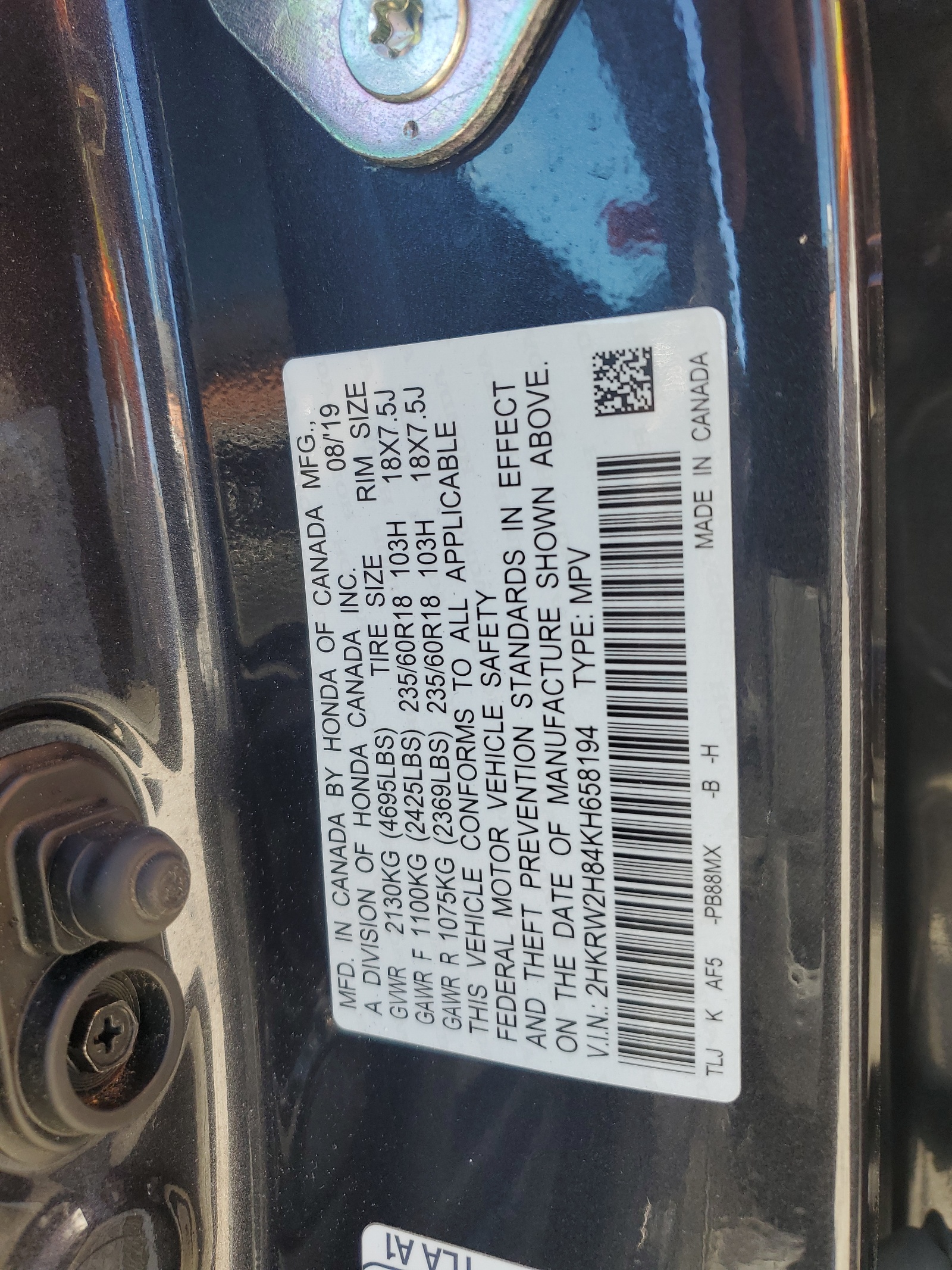 2HKRW2H84KH658194 2019 Honda Cr-V Exl