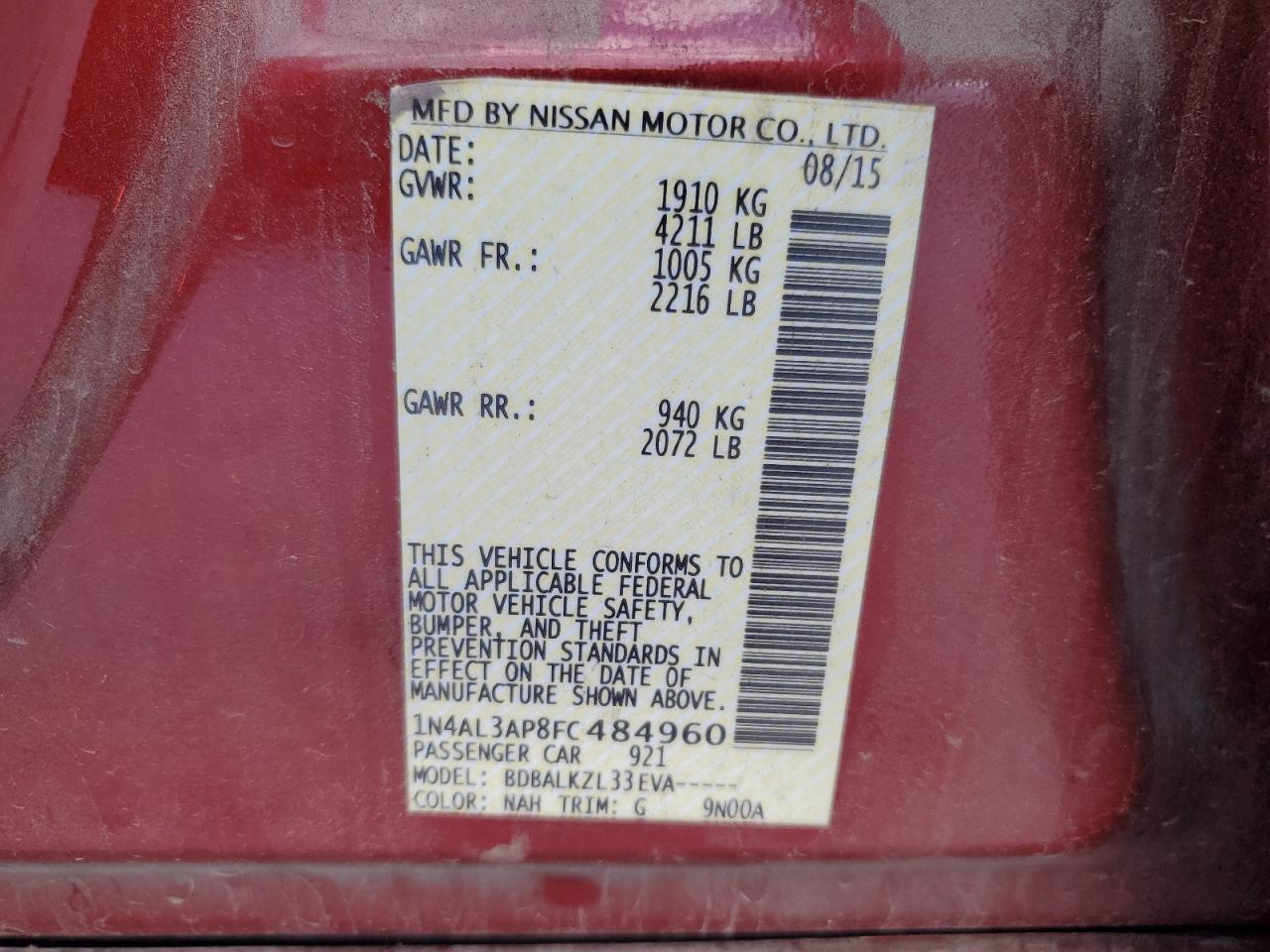 2015 Nissan Altima 2.5 VIN: 1N4AL3AP8FC484960 Lot: 68283524