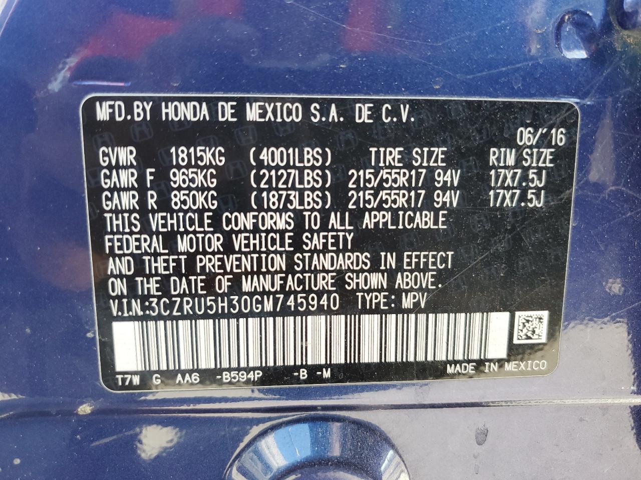 2016 Honda Hr-V Lx VIN: 3CZRU5H30GM745940 Lot: 67529574