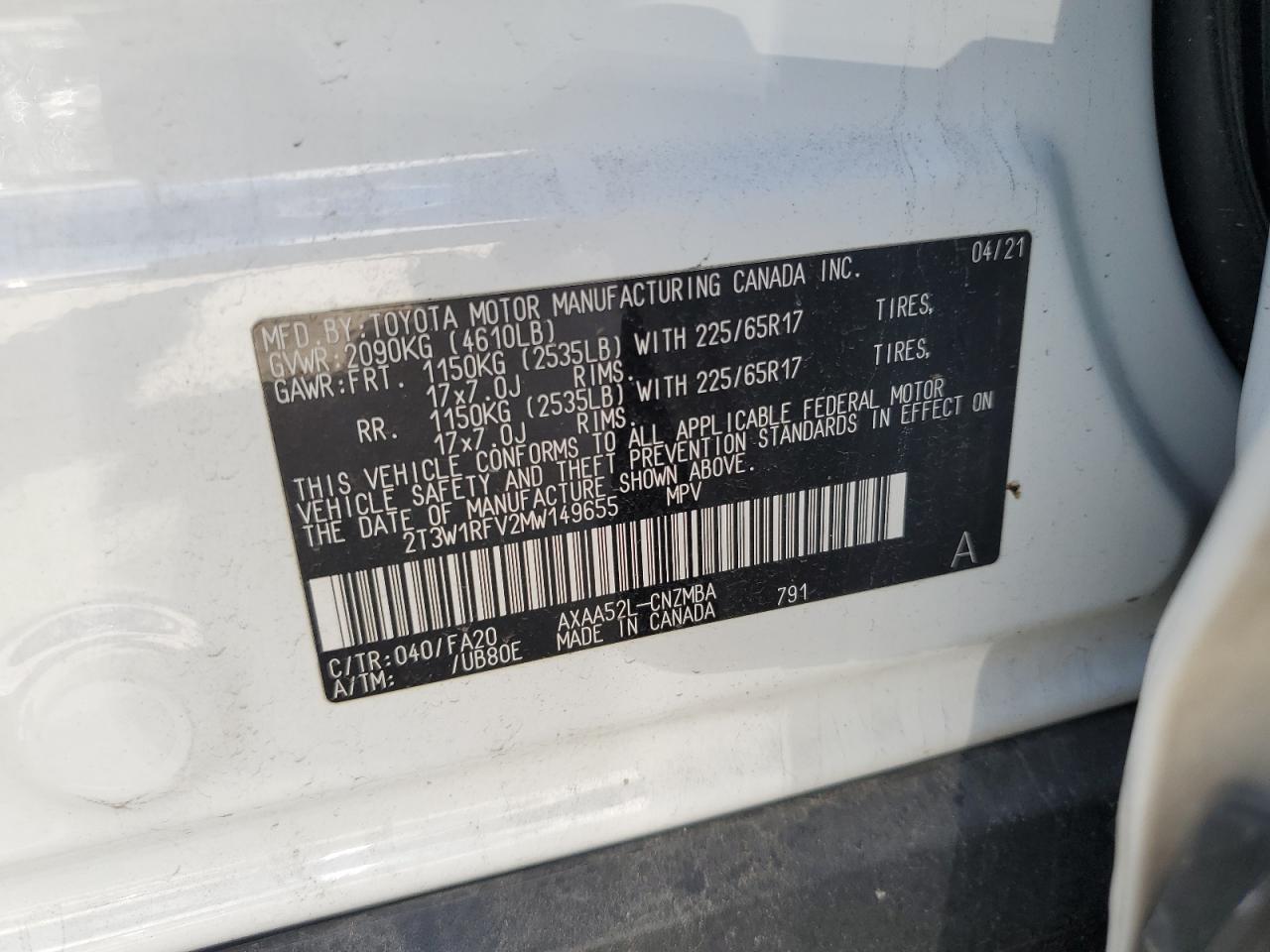 2021 Toyota Rav4 Xle VIN: 2T3W1RFV2MW149655 Lot: 66740754