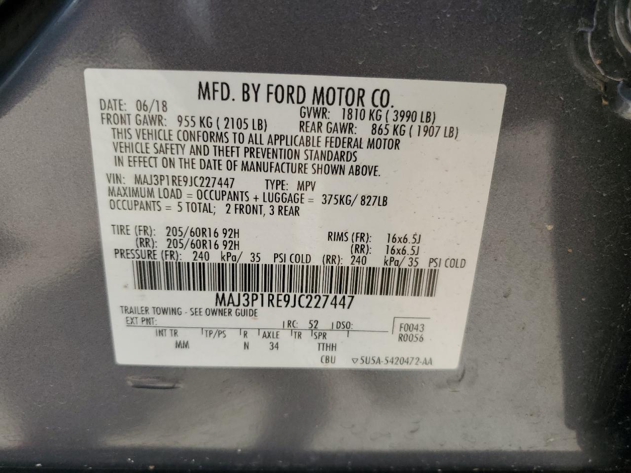 MAJ3P1RE9JC227447 2018 Ford Ecosport S