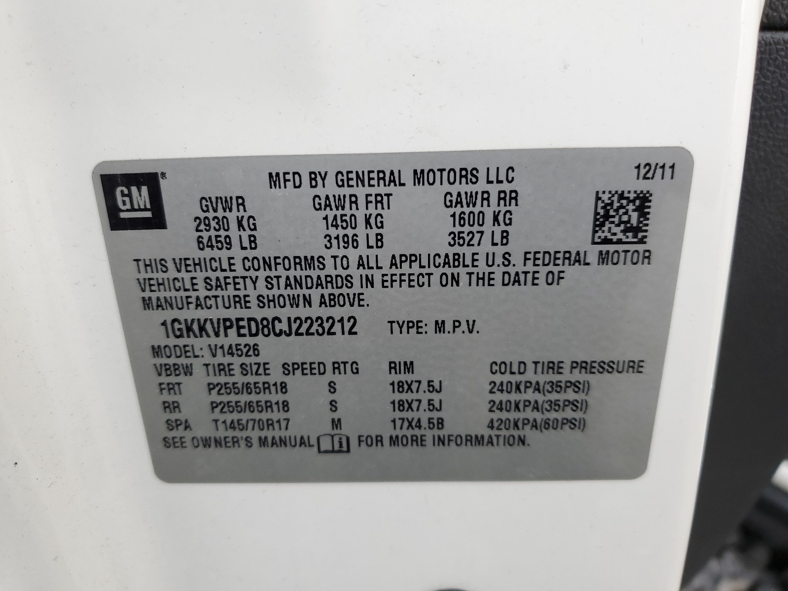 1GKKVPED8CJ223212 2012 GMC Acadia Sle