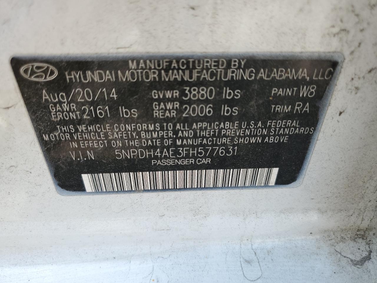 2015 Hyundai Elantra Se VIN: 5NPDH4AE3FH577631 Lot: 64567964