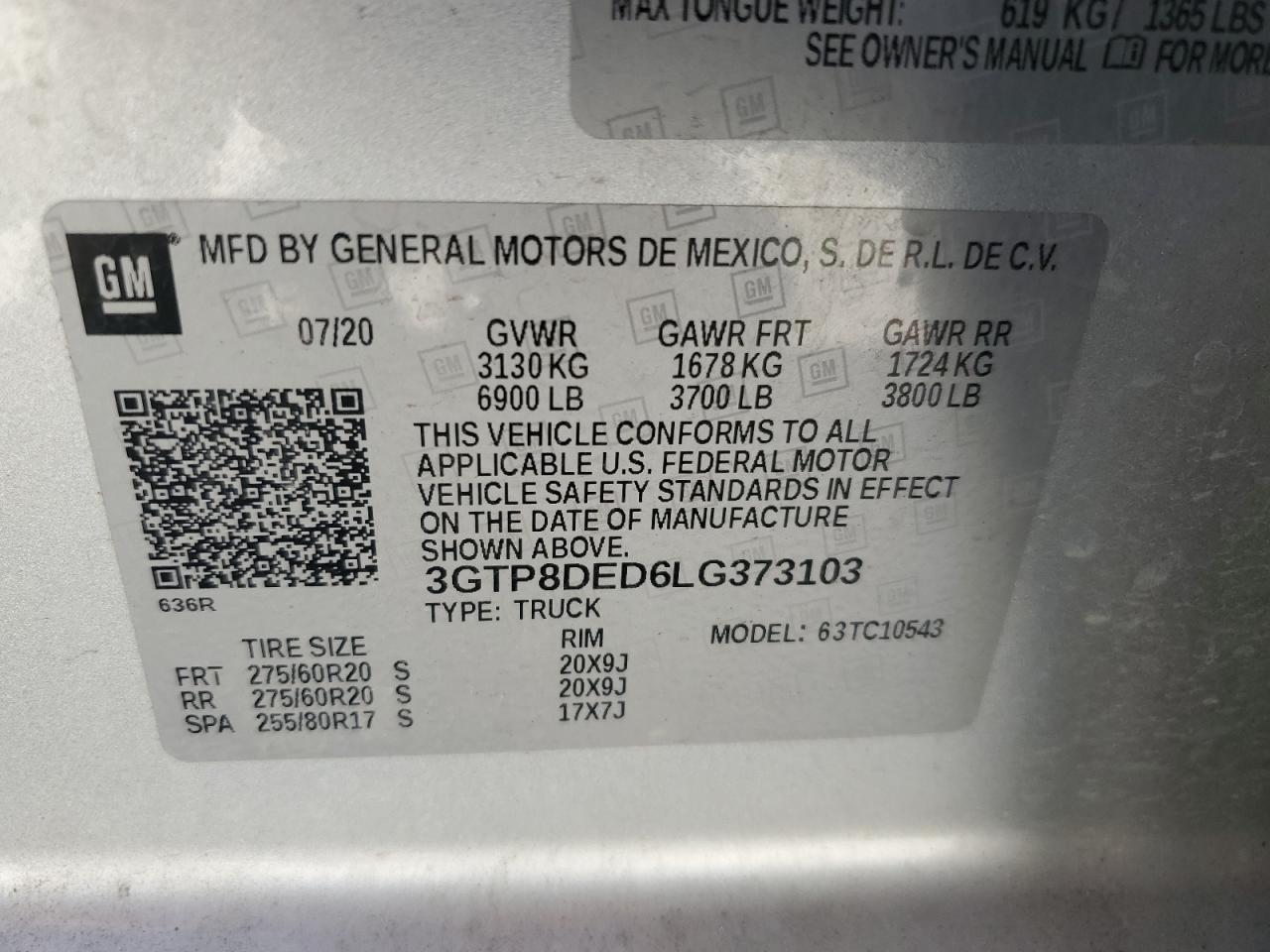 3GTP8DED6LG373103 2020 GMC Sierra C1500 Slt