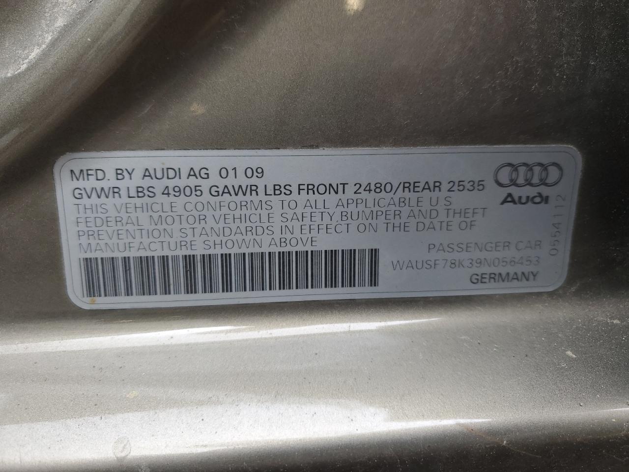 2009 Audi A4 Premium Plus VIN: WAUSF78K39N056453 Lot: 81822324