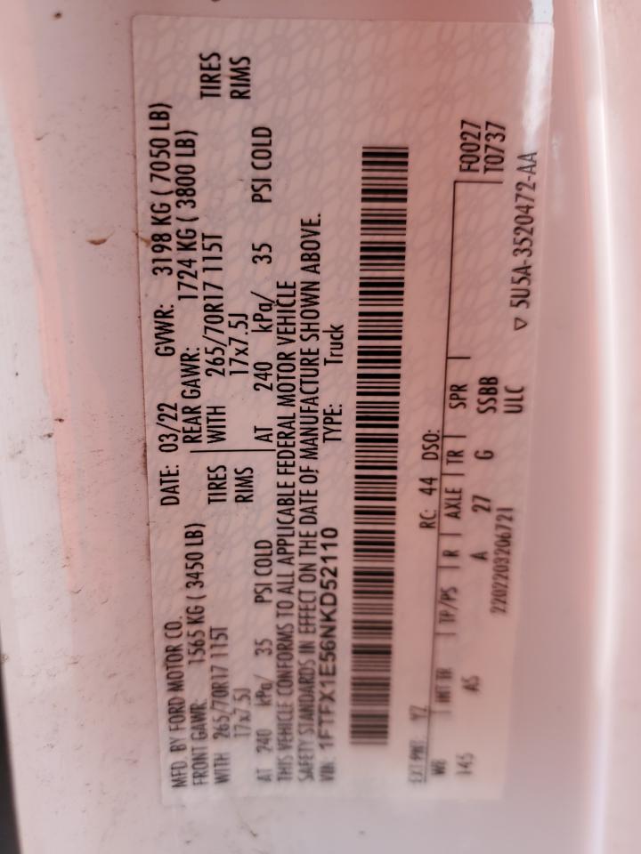 2022 Ford F150 Super Cab VIN: 1FTFX1E56NKD52110 Lot: 66525884